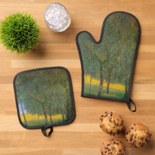 Fruit Trees by Gustav Klimt, Vintage Art Nouveau Oven Mitt & Pot Holder Set