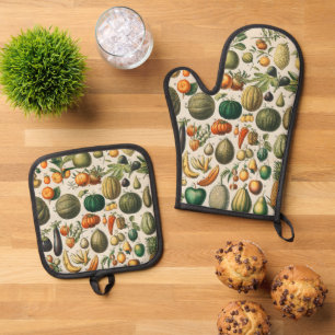 Fruit Vegetable Botanical Scientific Illustration Oven Mitt & Pot Holder Set