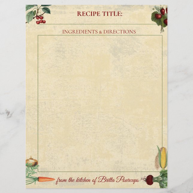 Fruit vegetable personalised recipe letterhead (Front)