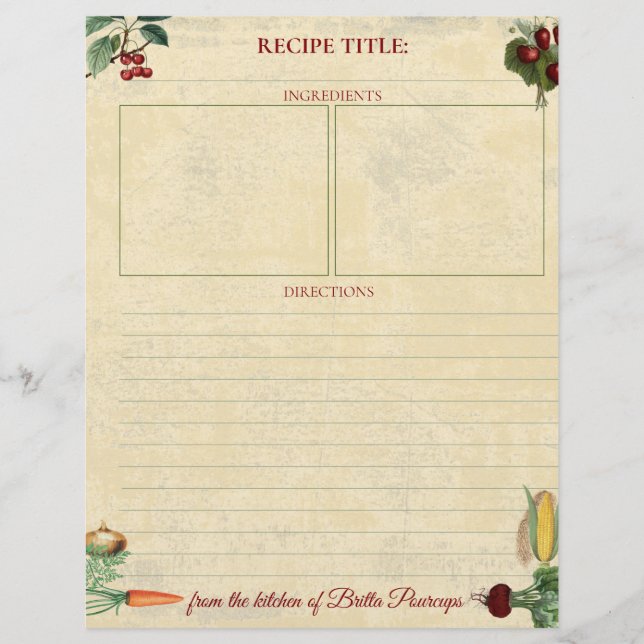 Fruit vegetable personalised recipe letterhead (Front)