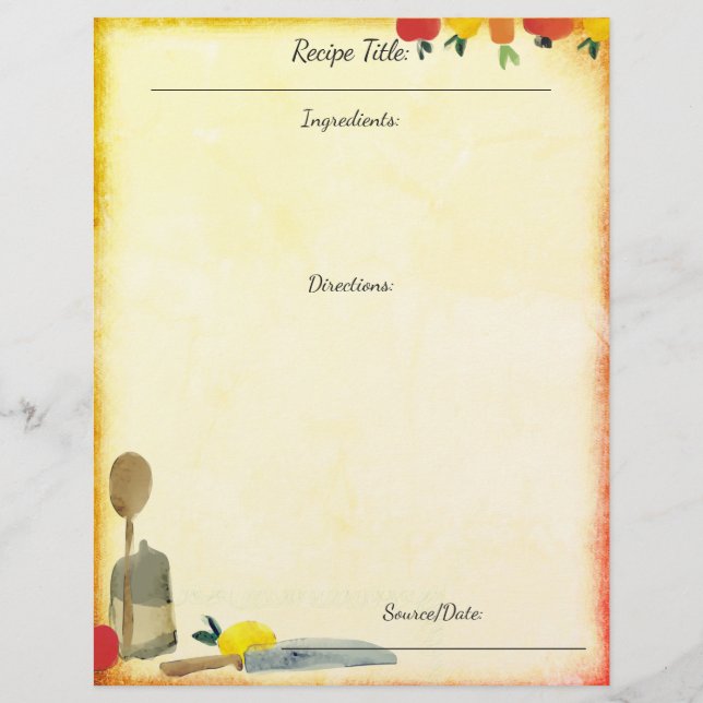 fruit vegetable utensils recipe letterhead (Front)