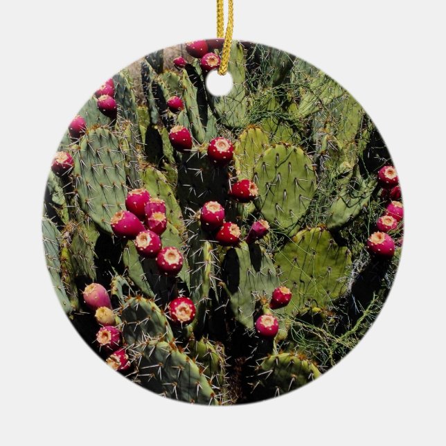 Fruited prickly pear cactus, Sonoran Desert Ceramic Tree Decoration (Front)