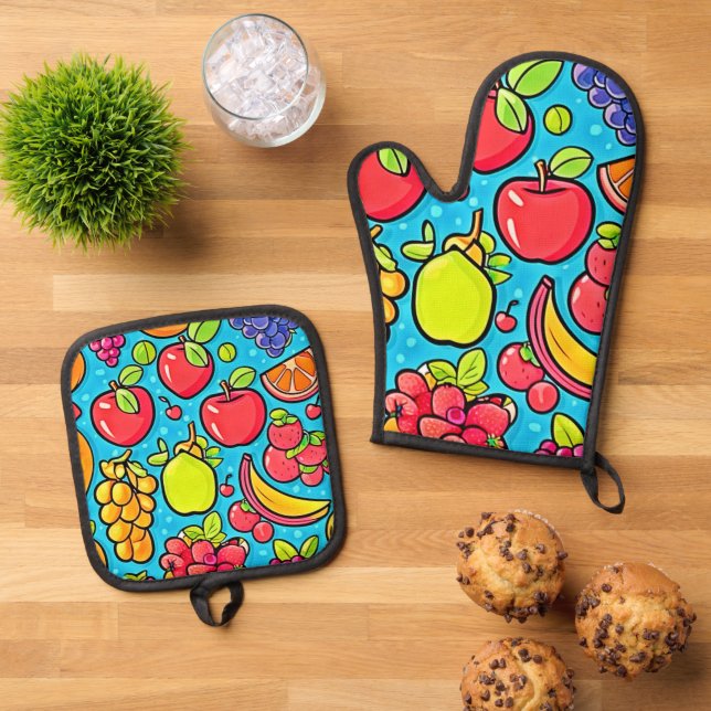 Fruitful Pattern Design Oven Mitt & Pot Holder Set (Top Down)
