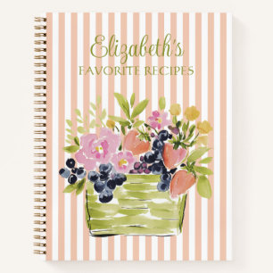 Fruits and Flowers Basket on Stripes Recipe Notebook