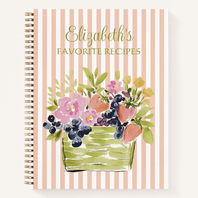 Fruits and Flowers Basket on Stripes Recipe Notebook (Front)