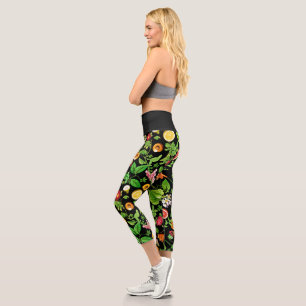 Fruits And Leaves Pattern On Black Capri Leggings