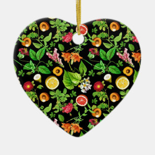 Fruits And Leaves Pattern On Black Ceramic Tree Decoration