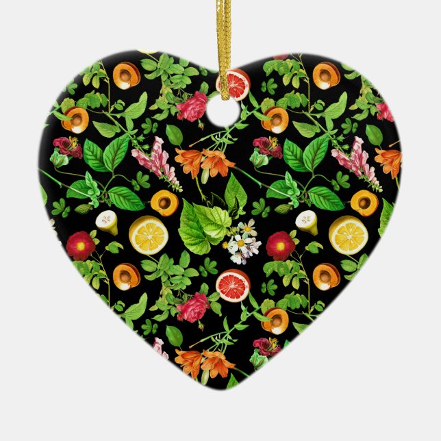 Fruits And Leaves Pattern On Black Ceramic Tree Decoration (Front)