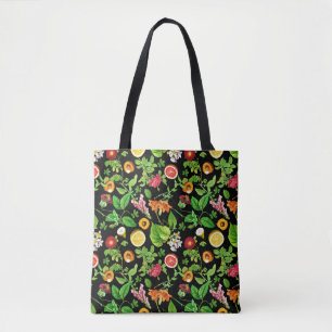 Fruits And Leaves Pattern On Black Tote Bag