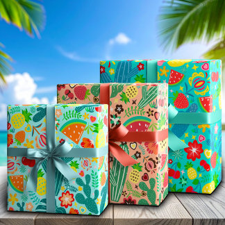 Fruits & Cactus Coastal Festival Sunny Vibes Wrapping Paper Sheet