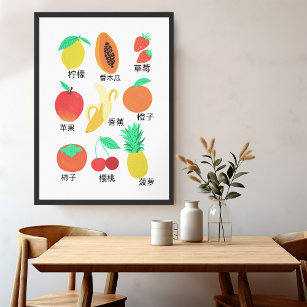 Fruits Flash Cards Chinese Fruity Fun Food Art Poster