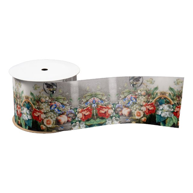 FRUITS ,FLOWERS,GRAPES ,PEACHES AND LITTLE BIRD SATIN RIBBON (Spool)