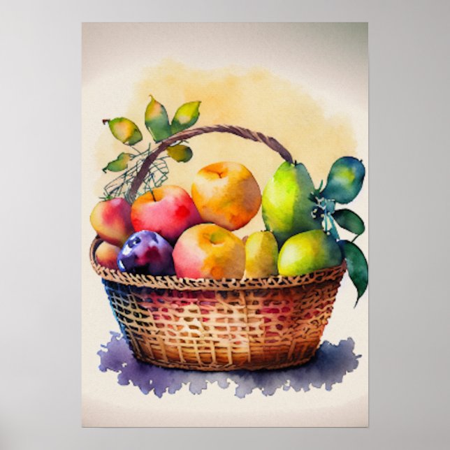 Fruits in a Basket Watercolor Art  Poster (Front)