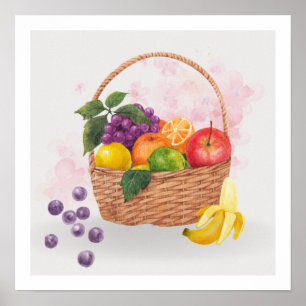 Fruits in Basket Watercolor Poster
