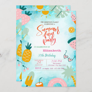 Fruits, Palm Leaf Pool Summer Birthday Party  Invitation