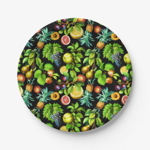 Fruits Pattern On Black Background Paper Plate