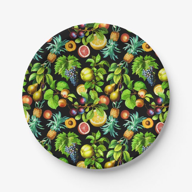 Fruits Pattern On Black Background Paper Plate (Front)