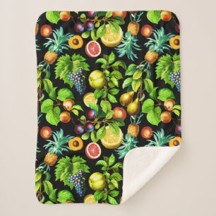Fruits Pattern On Black Background Sherpa Blanket