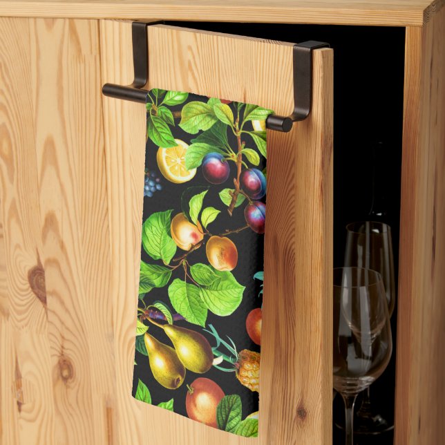 Fruits Pattern On Black Background Tea Towel (Thirds Fold)