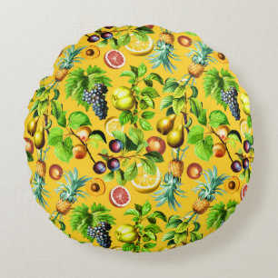 Fruits Pattern On Yellow Background Round Cushion