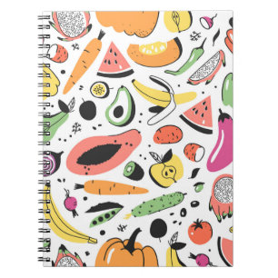 Fruits, vegetables hand drawn pattern. notebook