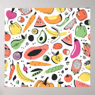 Fruits, vegetables hand drawn pattern. poster