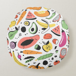 Fruits, vegetables hand drawn pattern. round cushion
