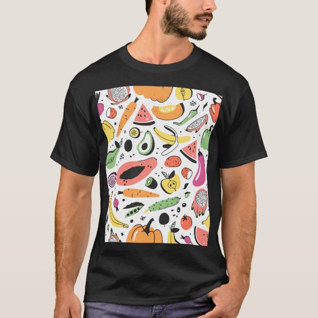 Fruits, vegetables hand drawn pattern. T-Shirt (Front)