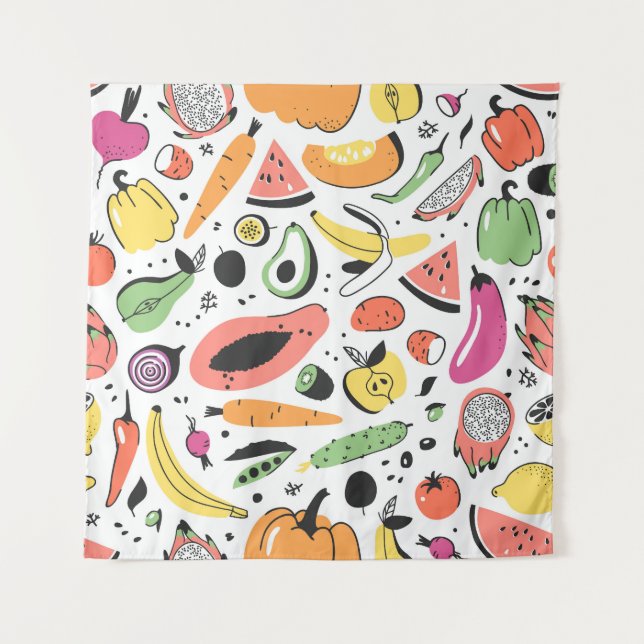Fruits, vegetables hand drawn pattern. tapestry (Front)