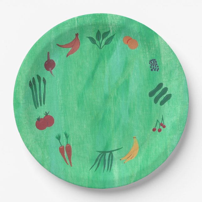 Fruits Vegetables on Green Paper Plates (Front)