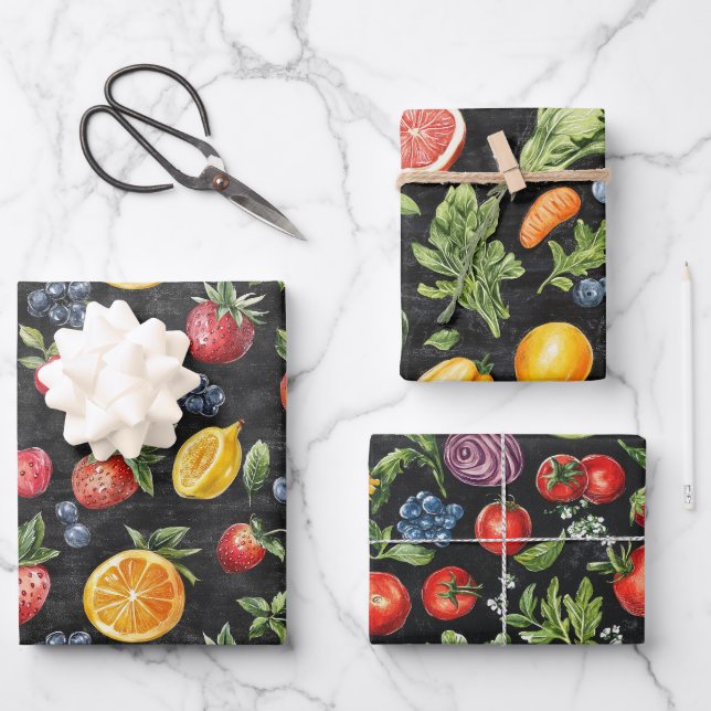 Fruits & Veggies Chalk Drawing Edible Food Gift Wrapping Paper Sheet (Front)