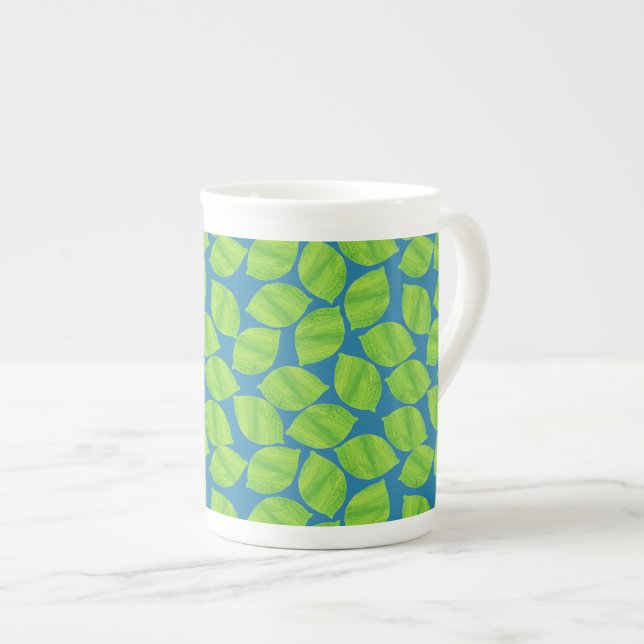Fruity Green Limes on Blue Background to Customise Bone China Mug (Front Right)