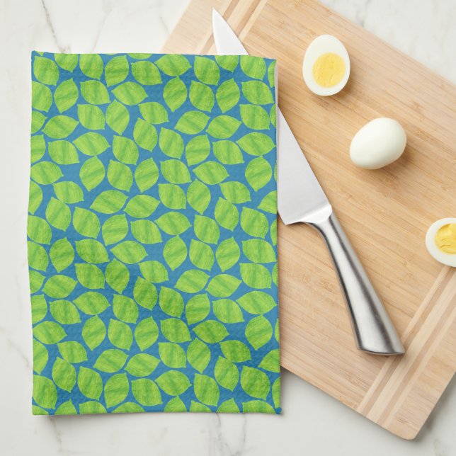 Fruity Green Limes on Blue Background to Customise Tea Towel (Quarter Fold)