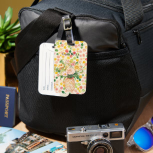 Fruity Pink Green Yellow Pineapple Floral Luggage Tag