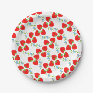 Fruity Strawberries Ditsy Blue Flowers Patterned Paper Plate