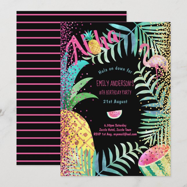 Fruity Tropical Birthday Party  Invites Flamingo (Front/Back)