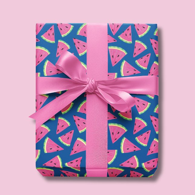 Fruity Watermelon Summer Pattern Wrapping Paper (Watermelon wrapping paper on blue background.)