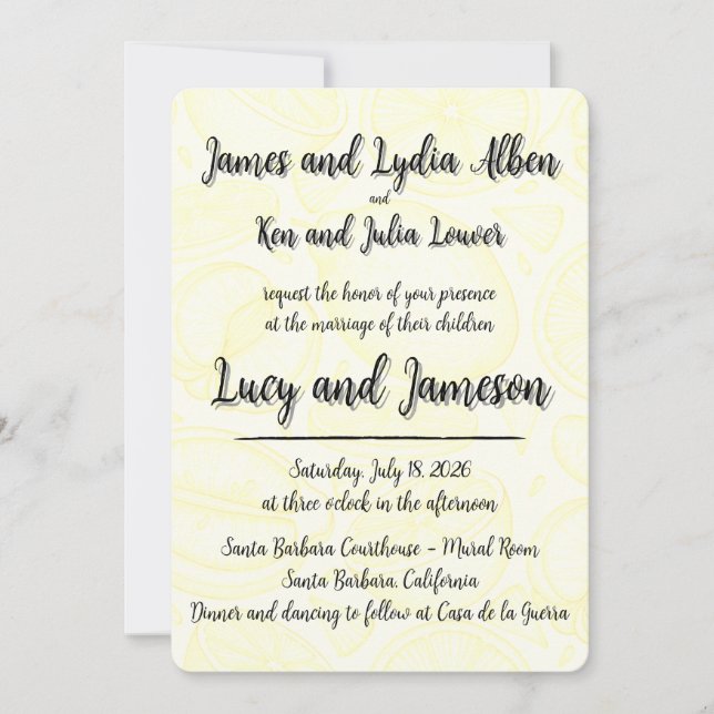 Fruity yellow citrus formal wedding invitation (Front)