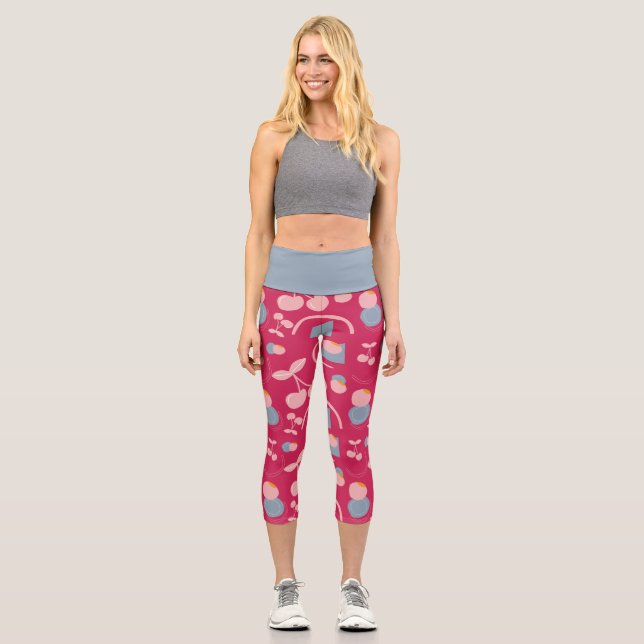 frutal red and grey with cherry pattern capri leggings (Front)