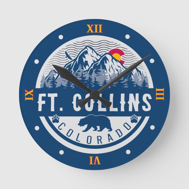 Ft Collins Colorado Flag Mountain Roman numbers Round Clock (Front)