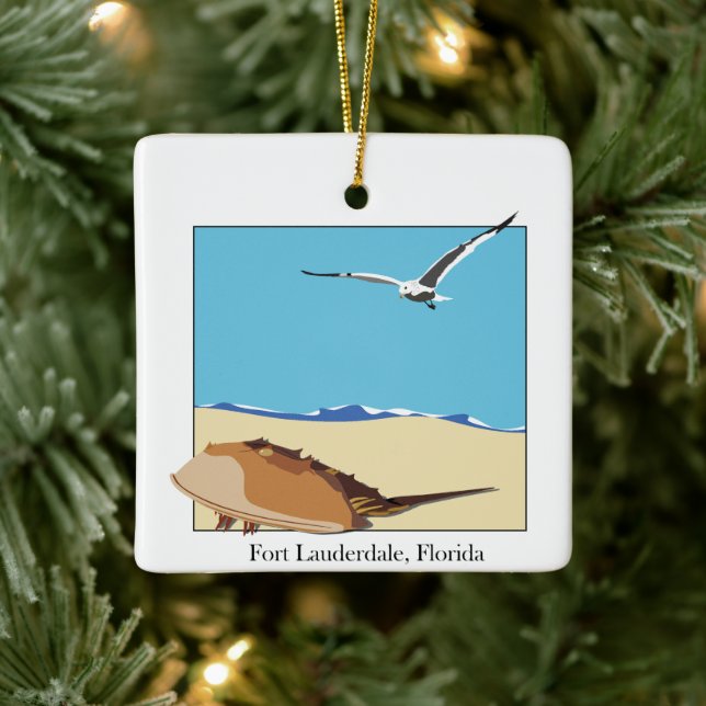 Ft. Lauderdale, FL Horseshoe Crab Sea Gull Beach Ceramic Ornament (Tree)