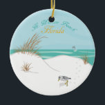 Ft. Walton Beach (Florida) Ceramic Tree Decoration<br><div class="desc">This design features one of Florida's most beautiful beaches located on the gulf coast! A dolphin jumps over waves in the background and a shorebird leaves footprints in the white sand. This design can be customised or personalised.</div>
