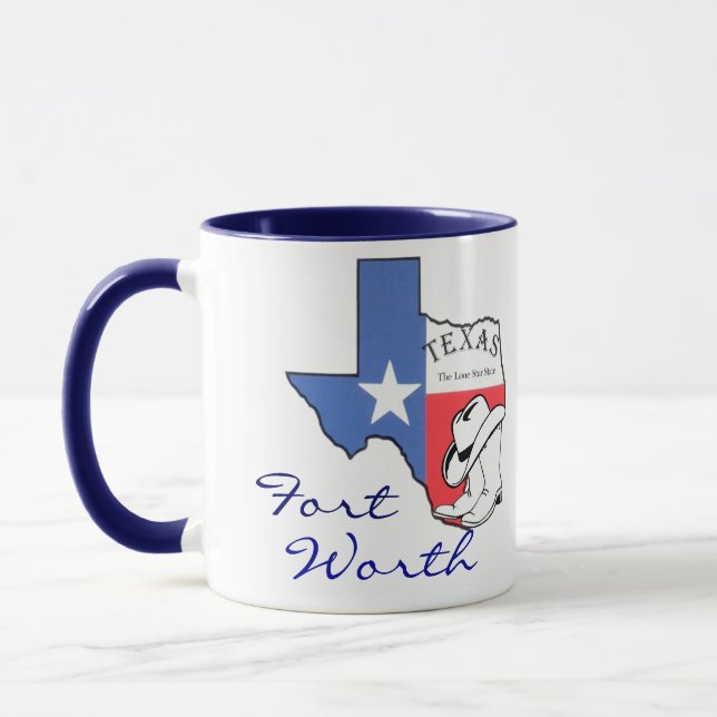 Ft Worth Texas State Map with Star, Boots, Hat Mug (Left)