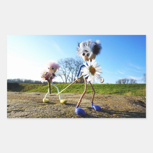Fubbies in nature with daisy. rectangular sticker (Front)
