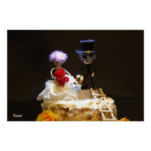 Fubby bride and groom on cake. poster