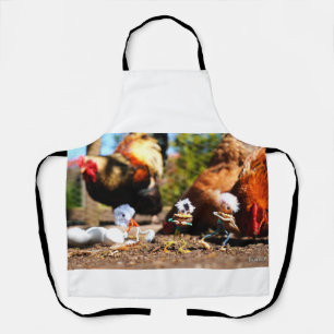 Fubby playing with the chickens and rooster. apron