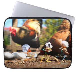 Fubby playing with the chickens and rooster. laptop sleeve