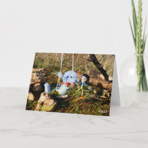 Fubby puppeteer pushing a monster on rocking. thank you card