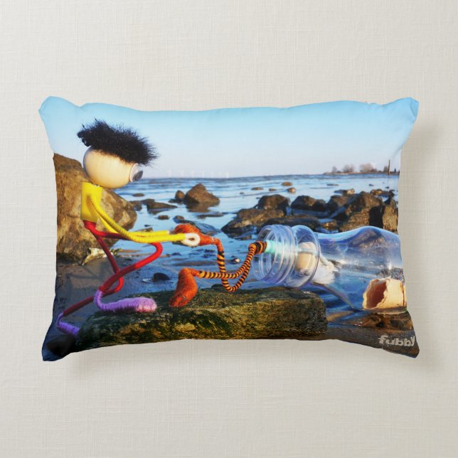 Fubby with bottle post on the coast. decorative cushion (Front)