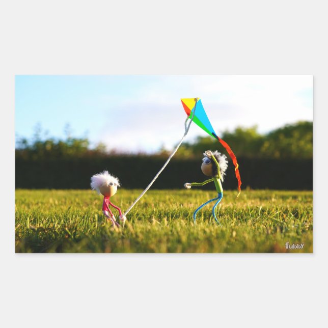 Fubby's playing together with a kite. rectangular sticker (Front)